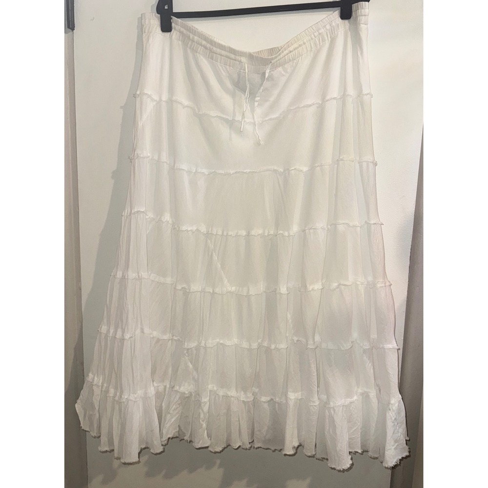 Vtg Y2K White Cotton Gauze Tiered Maxi Skirt Boho Raw Edge Ruffle One Size
